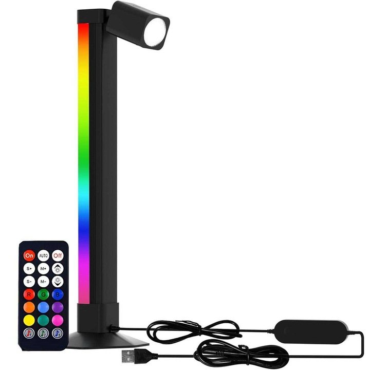Veioza inteligenta cu lumina de citit si iluminare RGB, controlata prin aplicatie, sincronizare cu muzica, design modern, dimensiuni ajustabile