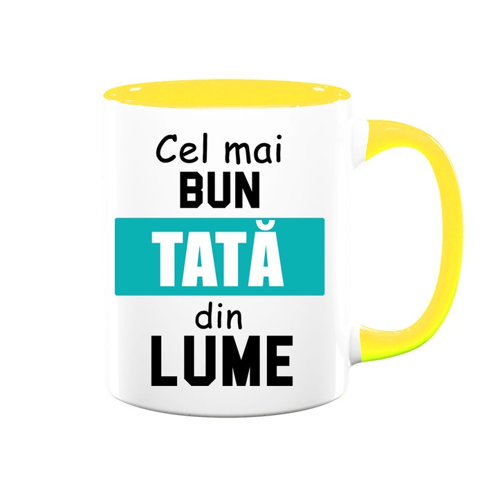 Cana cu mesaj : "Cel mai bun tata din lume", alba cu interior galben, 330ml, ceramica