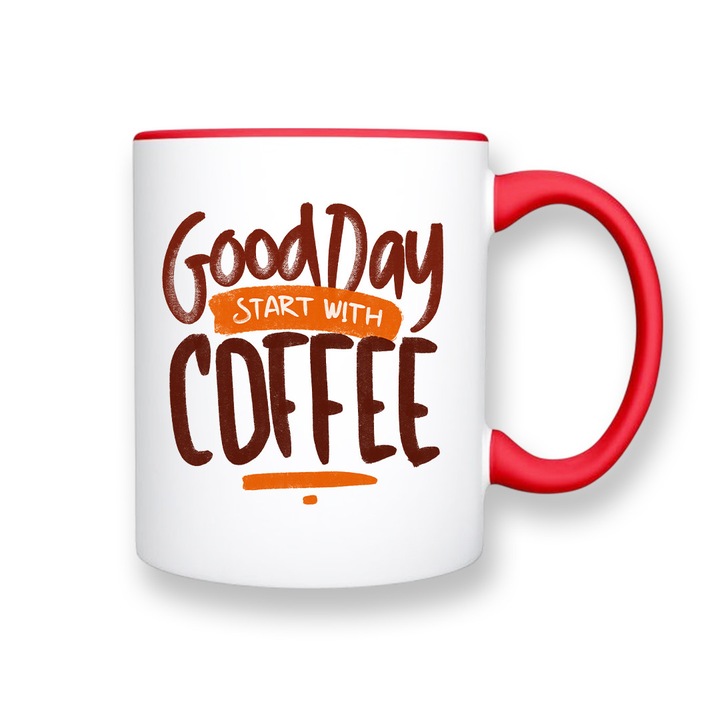 Cana cu mesaj : "Good days start with coffee.", alba cu interior rosu, 330ml, ceramica