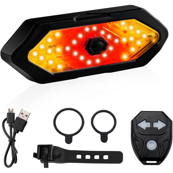 Lumina spate bicicleta cu semnalizatoare, incarcare USB, telecomanda wireless, 5 moduri, impermeabil, montare usoara