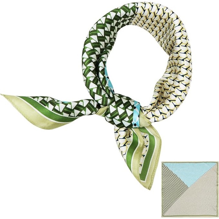 Fular din matase de dud, 53x53cm, modelat, mic, moale, pentru femei - verde