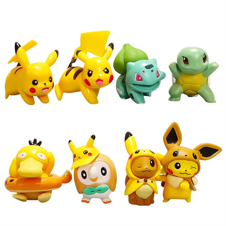 Un set de 8 figurine Pokémon, perfecte pentru decoratiuni de petrecere, cu inaltimea de 3-5 cm, potrivite pentru copii cu varsta de la 3 ani in sus, disponibile in mai multe culori