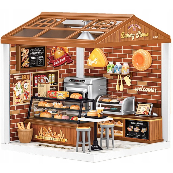 Casuta pentru papusi, GZ, Brutarie 3D DIY cu 118 piese, iluminare LED, 19x19x21.5cm