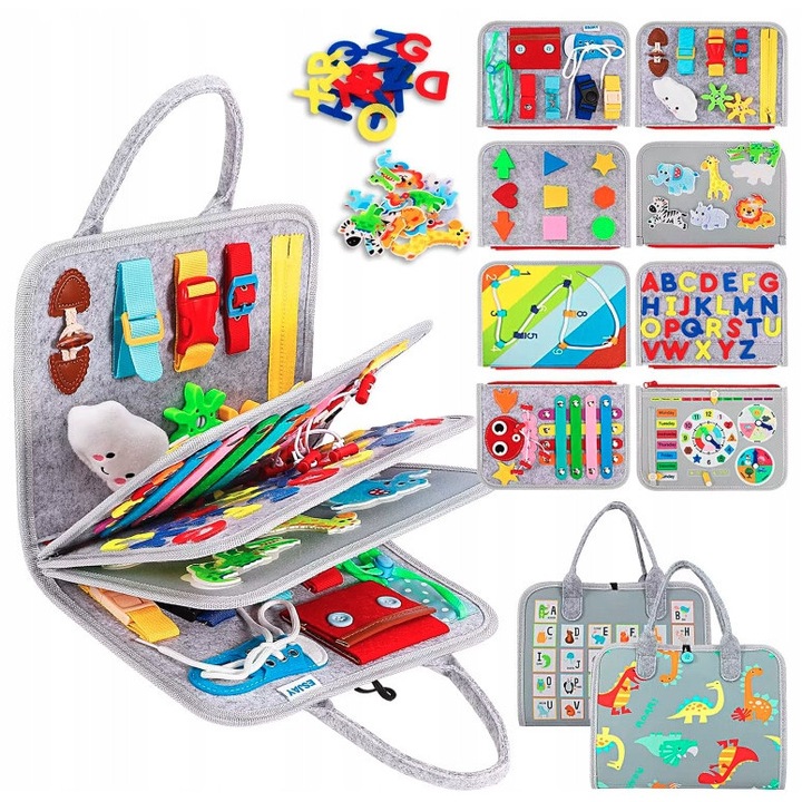 Montessori 8 az 1-ben szenzoros manipulációs tábla, többszínű, textil