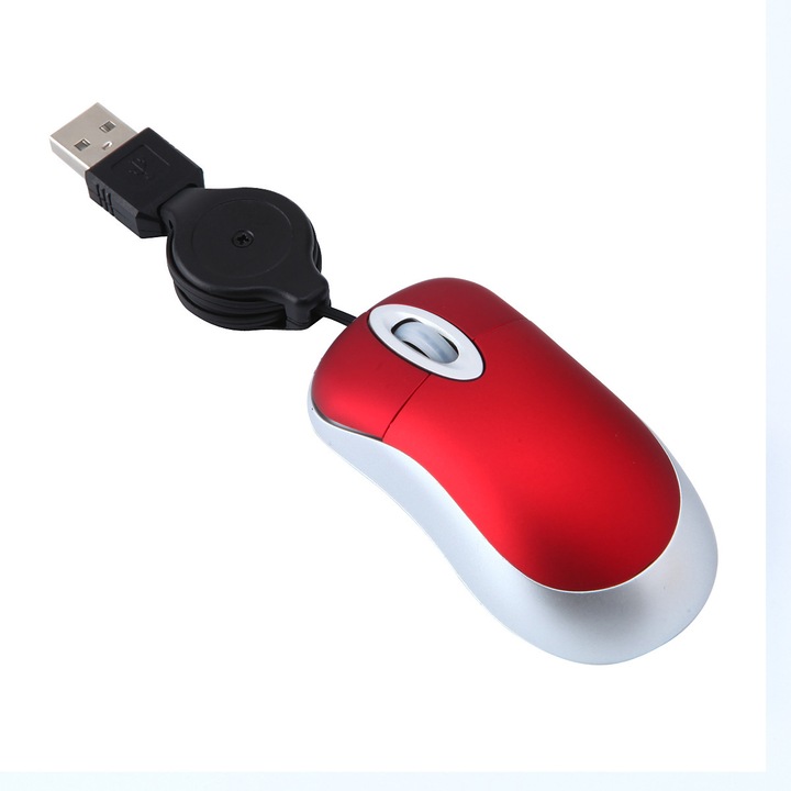 Mouse optic USB retractabil mini, rosu, 2 butoane, 2.95x1.57x0.79 in