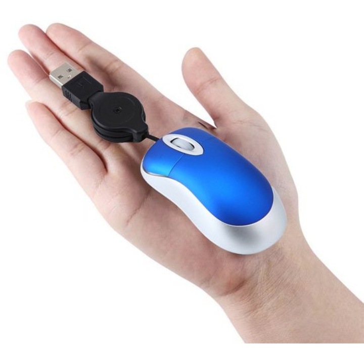 Mouse optic USB retractabil mini, albastru, 2 butoane, 2.95x1.57x0.79in