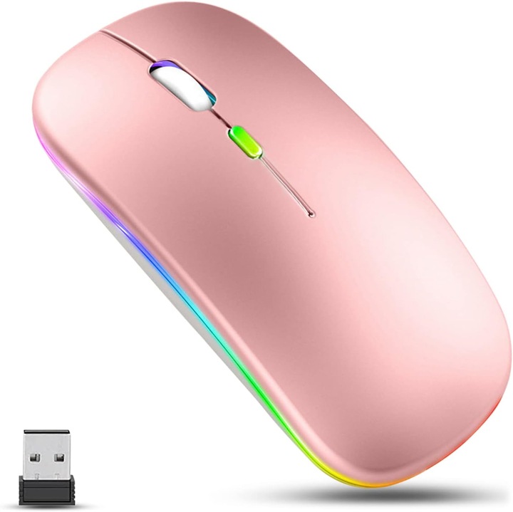 Mouse wireless roz, 2.4G, reincarcabil, silentios, cu lumini LED RGB, compatibil cu laptopuri si PC-uri