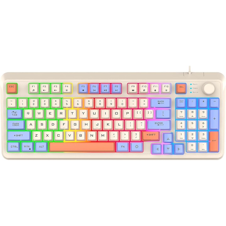 Tastatura gaming cu fir, 94 de taste, iluminare colorata, suport ajustabil, multicolor, 39.5x15.3x3.3cm