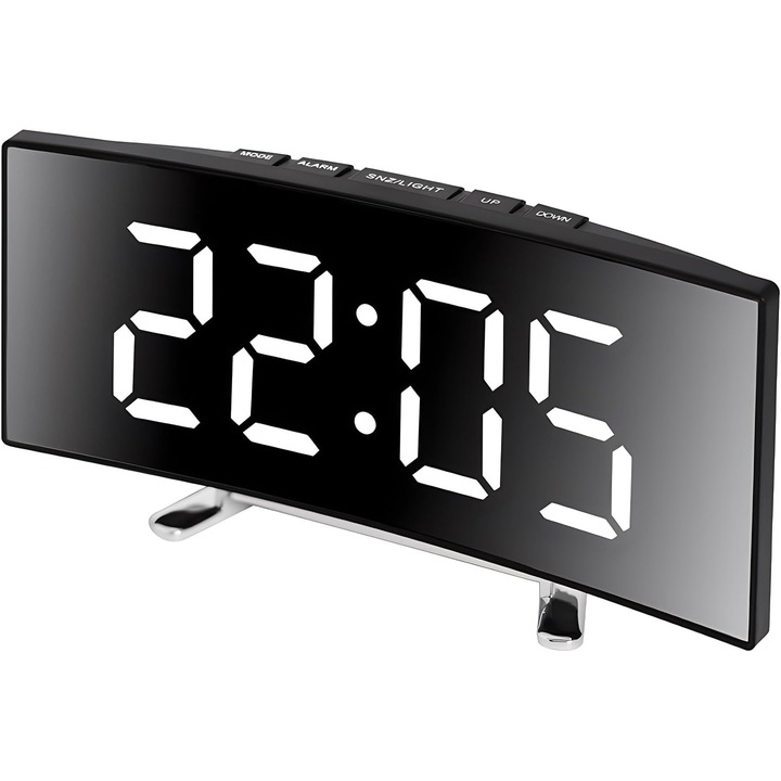 Ceas desteptator digital cu display LED curbat, functie snooze, alb, 17x3.1x7.2cm