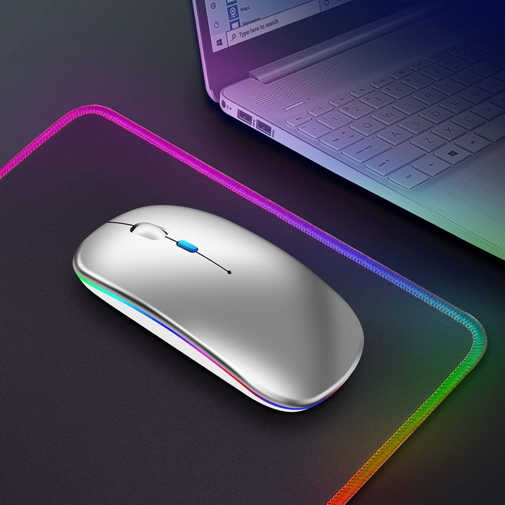 Mouse wireless Bluetooth, 2.4GHz, reincarcabil, 1600 DPI, iluminare RGB, set complet