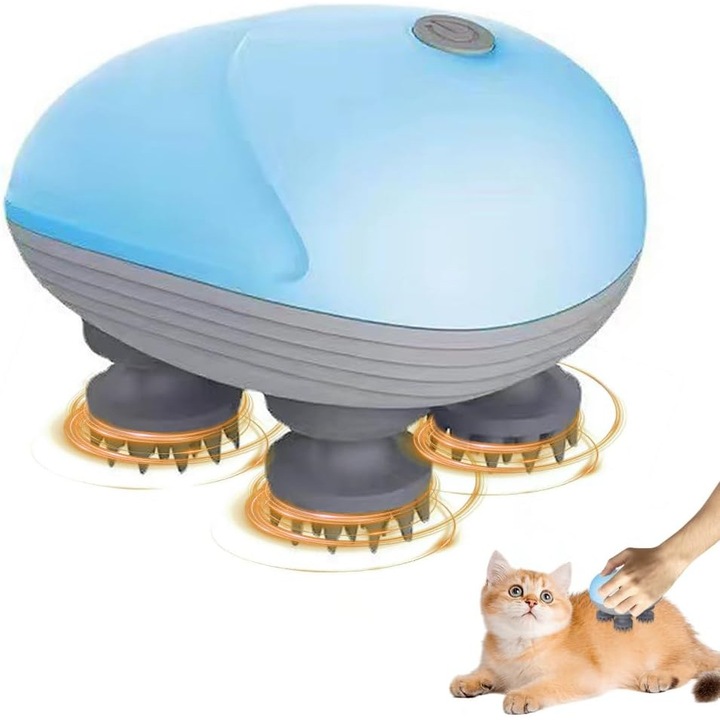 Aparat de masaj electric pentru cap, 4 capete de masaj, set complet pentru pisici si caini, IPX7 waterproof, albastru