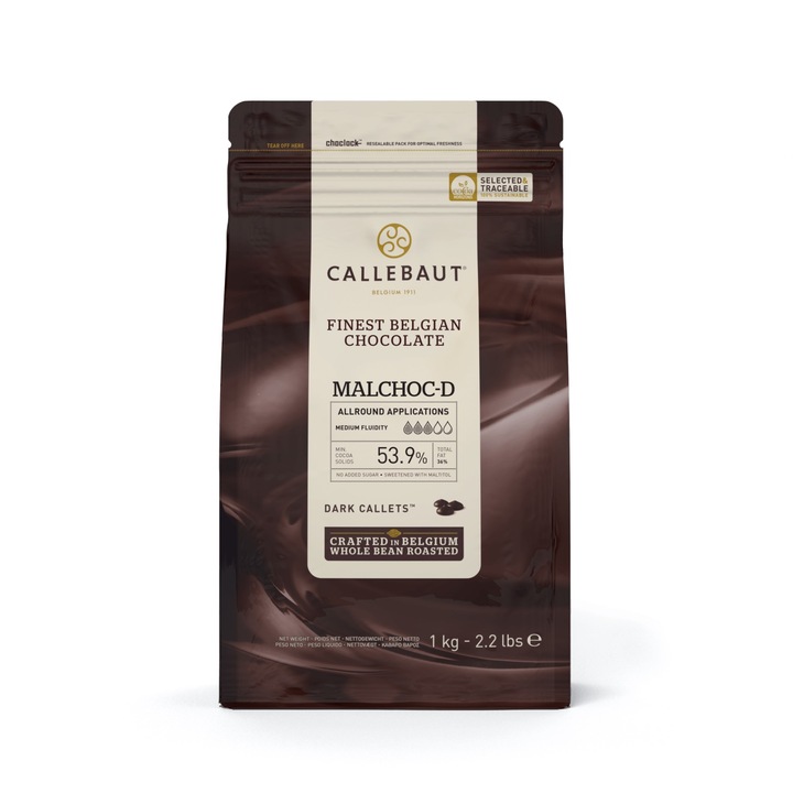 Ciocolată neagră fără zahăr Barry Callebaut 53.9% cacao, 1kg, pentru cofetărie, fără zahăr adăugat