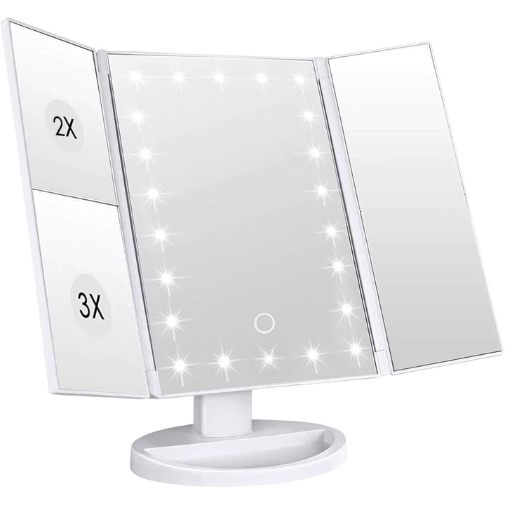 Oglinda cosmetica cu 22 LED-uri, alb, 1x/2x/3x marire, pliabila, cu alimentare USB