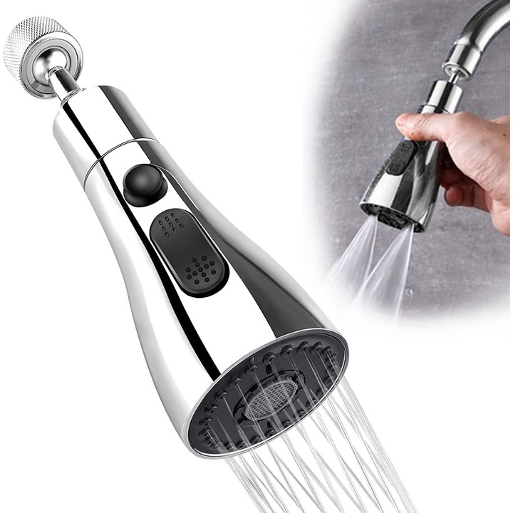 Duza de chiuveta cu rotire 360°, extensie pentru baterie, 3 moduri de apa, cromat, 22mm
