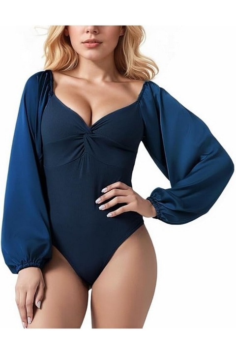 Body femei, decolteu V, maneci lungi bufante, Albastru