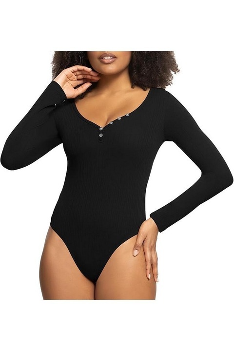 Body cu maneca lunga si nasturi pentru femei, Negru
