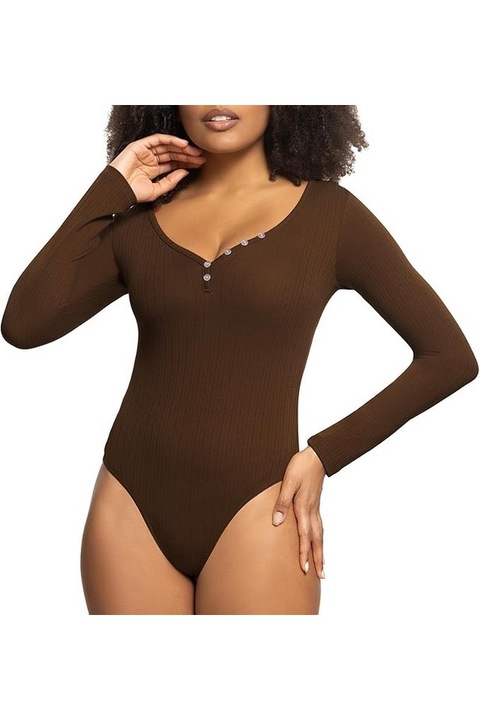 Body cu maneca lunga si nasturi pentru femei, Maro