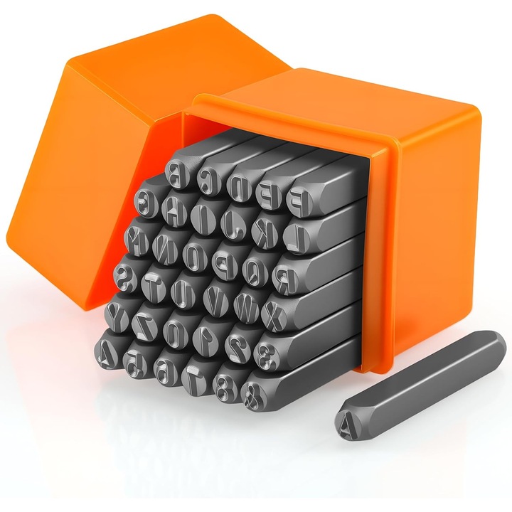 Set de 36 piese stantare litere si numere, 6mm, metal, pentru metal, plastic, lemn si piele