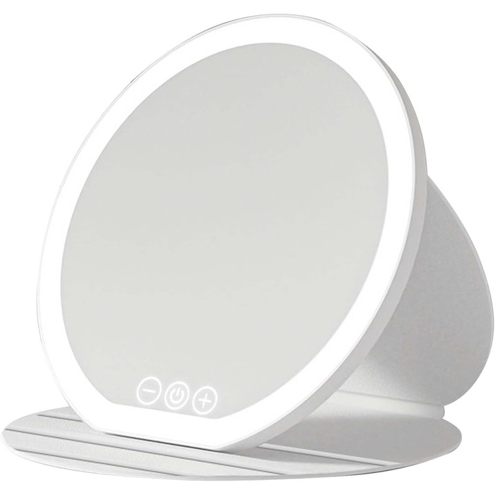 Oglinda cosmetica pliabila cu LED, 22cm, 3 surse de lumina, incarcare USB, alb