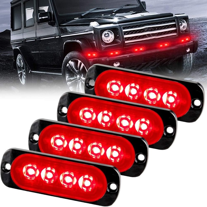 Set de lumini stroboscopice de urgenta, 4 LED-uri rosii, design ultra-subtire, 12-24V