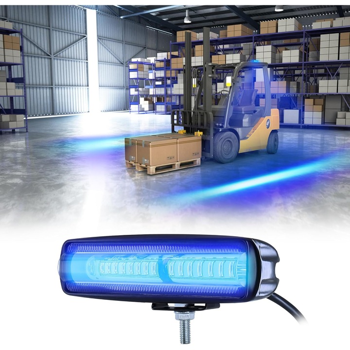 Lumina de siguranta LED pentru stivuitoare, 30W, 12-80V DC, impermeabil IP68, montare usoara, albastra