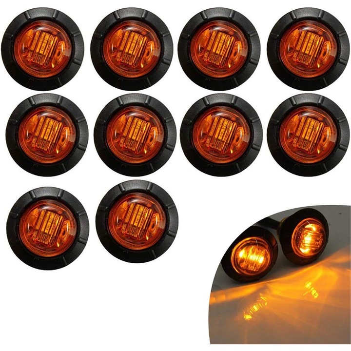 Set de 10 lumini LED mini rotunde 3/4 inch, 60 lumeni, waterproof, pentru camioane, remorci, barci