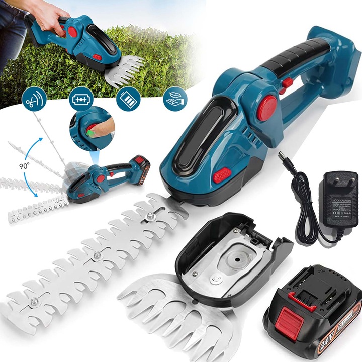 Trimmer de Tuns Gard Viu si Gazon，Portabila Electrica Fara Fir 2 In 1，24VBaterie de 1500 mAh.Design usor, usor de taiat, Pentru Gradina Si Tunderea Arbustilor, Sigur si ergonomic，Cu 2 Lame Interschimbabile,1 Baterie Reincarcabila Si Incarcator, Albastru