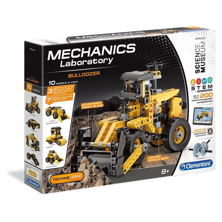 Set de construcție Bulldozer, Clementoni, Laborator de Mecanică, 200 piese, pentru băieți, 8+ ani