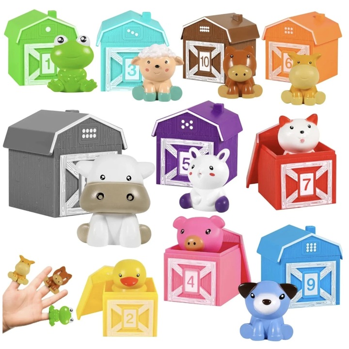 Set marionete de sortat și asociat cu animaluțe de la fermă, 20 piese, multicolor, 3 ani+