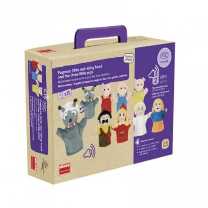 Set papusi de mana Akros, Scufita Rosie si Cei Trei Purcelusi, 8 marionete, material textil, 3-8 ani