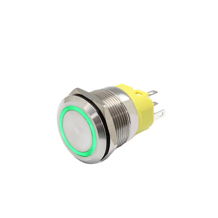 Buton iluminat cu mentinere, FILN, 12-24V DC, 5A, verde, 22mm, IP65