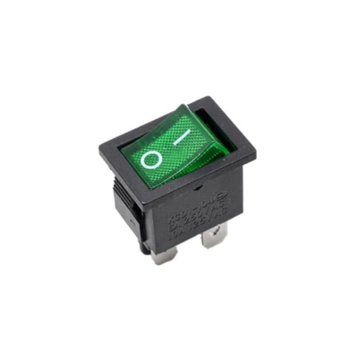 Buton rocker iluminat verde 6A 250V AC, DPST, montaj panou
