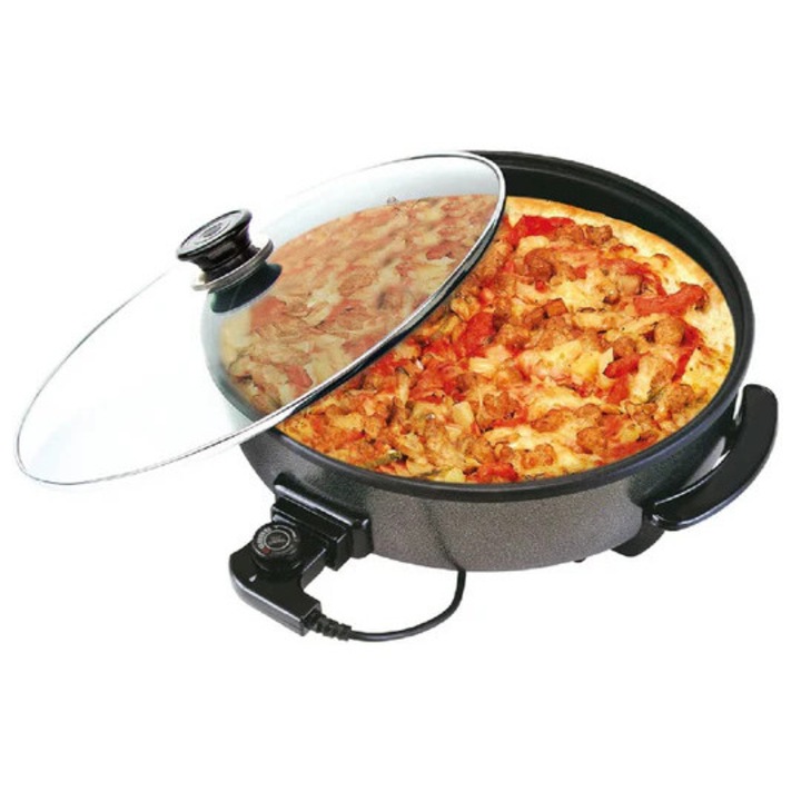 Oala electrica rotunda tip Pizza Grill 36 cm, 1500W, suprafata NON-STICK, capac din sticla termorezistenta, termostat reglabil, multifunctionala pentru gatit diverse preparate