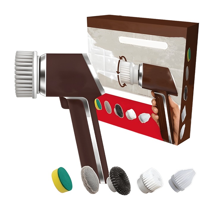 Perie Electrica de Curatare Teno®, 5 in 1, wireless, viteza de rotatie 350 RPM, 5 accesorii incluse, reincarcabila, ideala pentru diverse suprafete, rosu