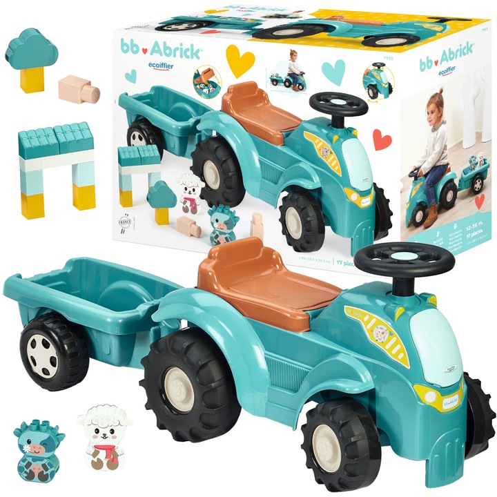 Set de joacă Tractor albastru cu remorcă și cuburi animale, Ecoiffier, 17 piese, 86x32, 5cm