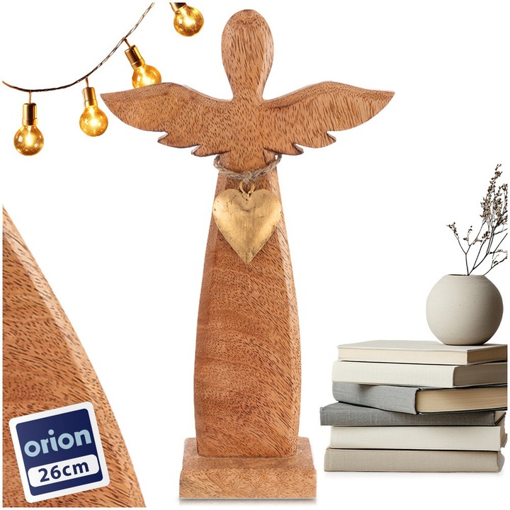 Orion angyal dekoratív figura, mangófa, natúr/arany, 15.5x5x26 cm