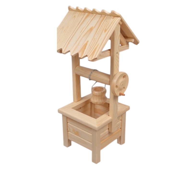 Fântână rustică din lemn pentru grădină, 65x27x24 cm, culoare maro natur, obiect decorativ