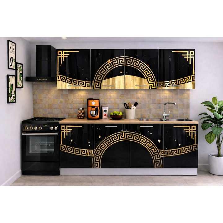Set mobilă bucătărie Verona 200 cm, negru lucios, ornament aur, PAL