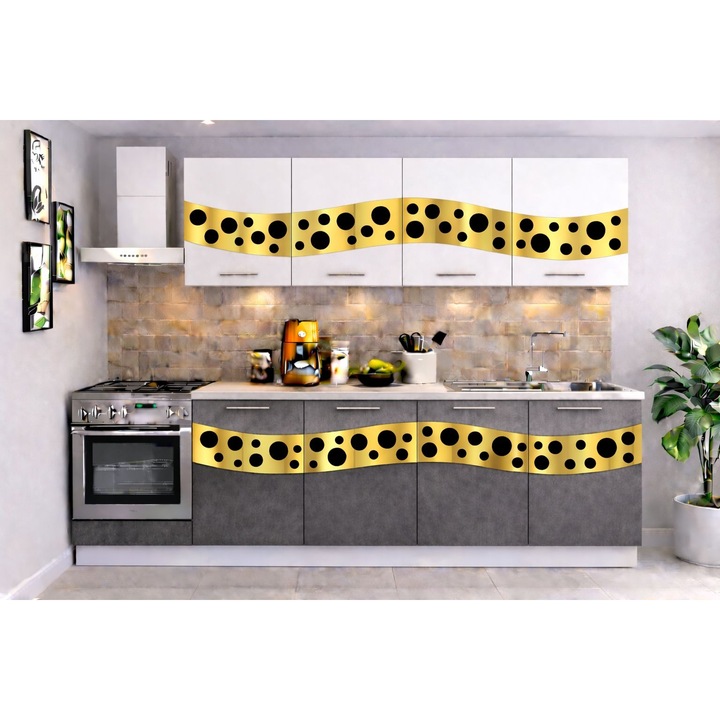 Set mobilier bucătărie Madrid 180 cm, gri, alb, negru, ornament auriu