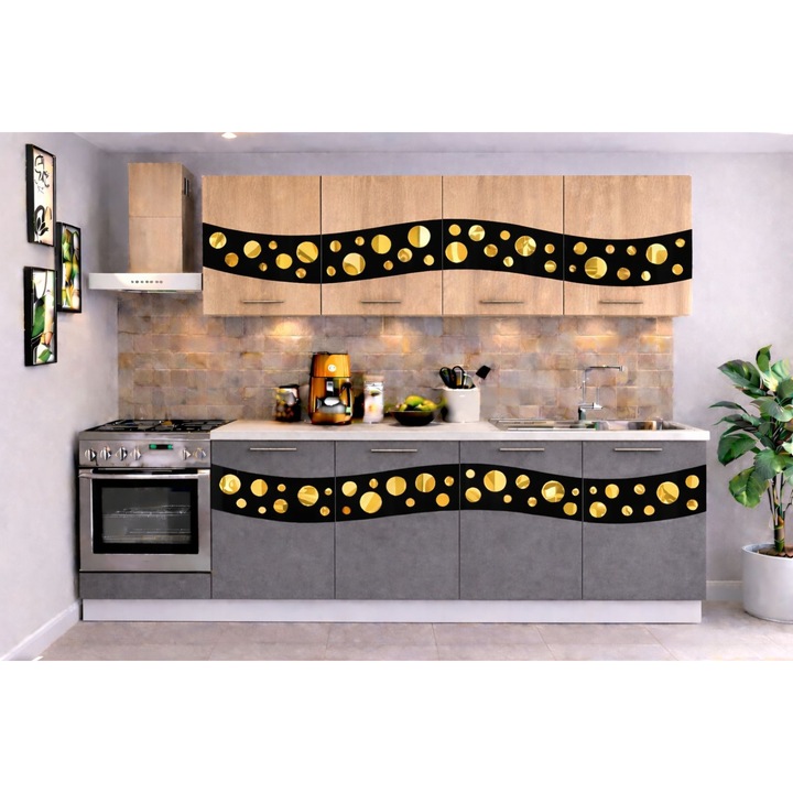 Set mobila bucatarie Madrid 180 cm, gri, ornament negru gold