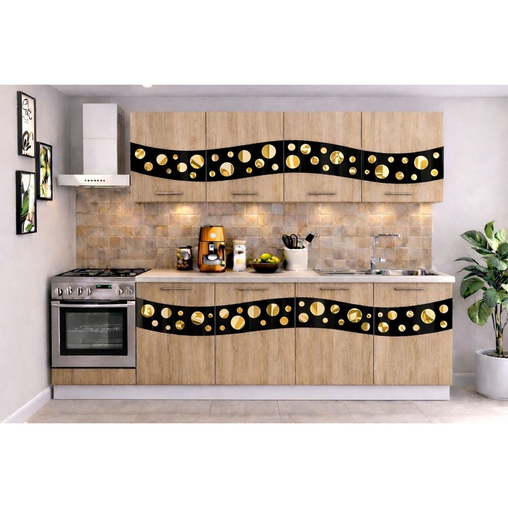 Set mobila bucatarie Madrid, 200 cm, negru cu ornament gold, PAL