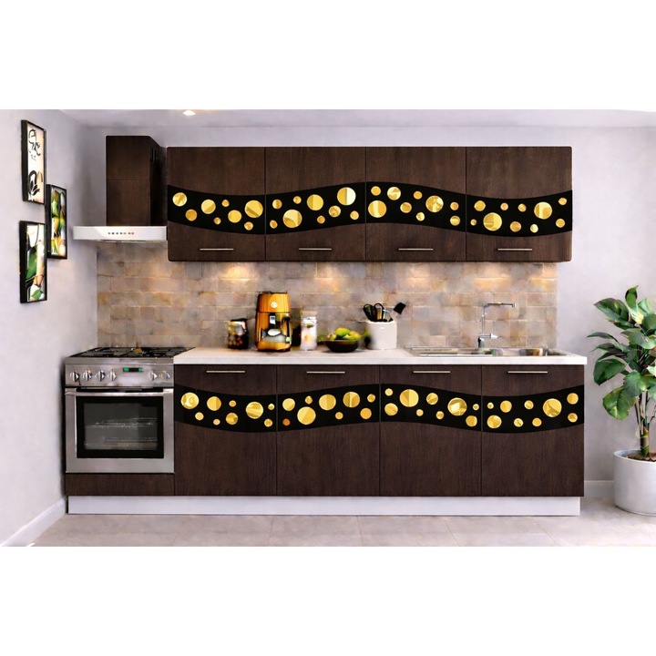 Set mobilă bucătărie Madrid 180 cm, Wenge, ornament negru cu auriu