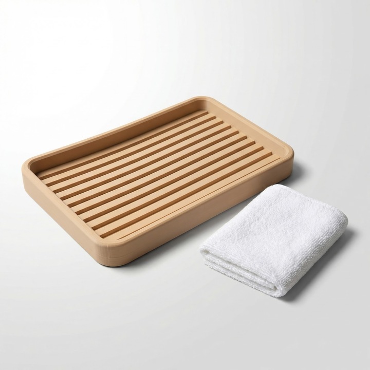 Tava organizatoare baie, bej, plastic PLA, 25cm, striatii longitudinale