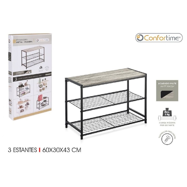 Raft depozitare Confortime, 3 niveluri, Metal si Lemn, Negru, 60x30x43 cm
