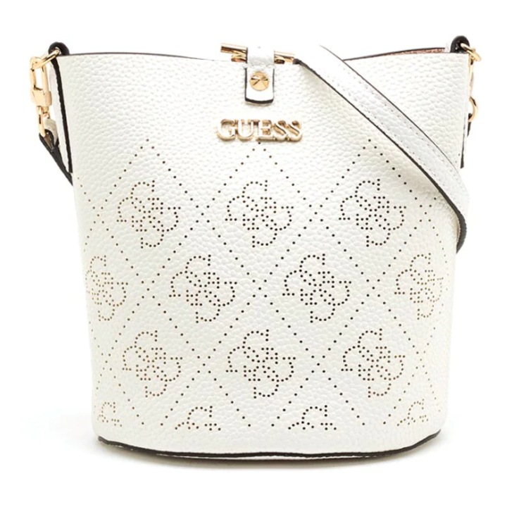 Geantă de umăr Guess Amara, bucket alb, poliester, 21x21x11cm