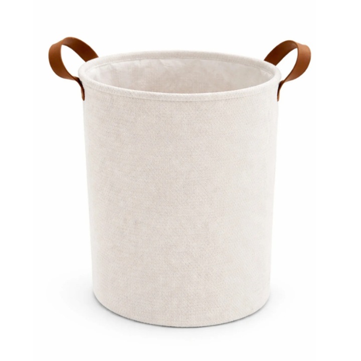 Cos de Rufe Textil cu maner maro, Pliabil, 35 x 40 cm - Premium - Crem