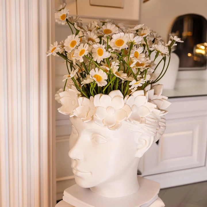 Vază decorativă, set cu flori artificiale, alb perlat, 16x20x14cm