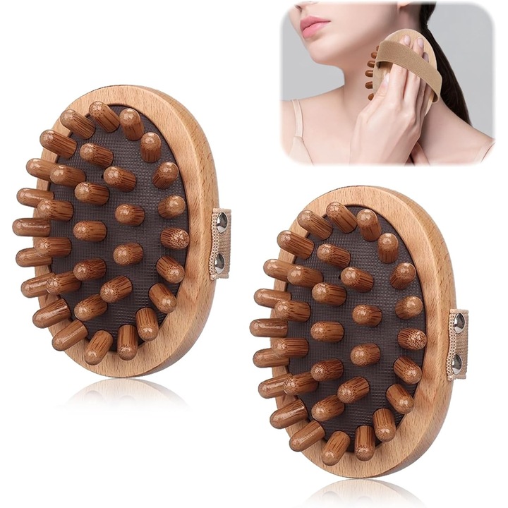 Perie de masaj din lemn de fag, set 2 piese, pentru scalp, gat, spate, picioare, portabil