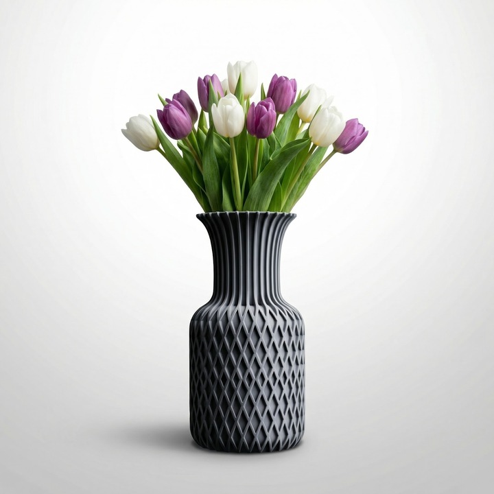 Vază decorativă, gri antracit, 25 cm, din plastic PLA cu textură geometrică