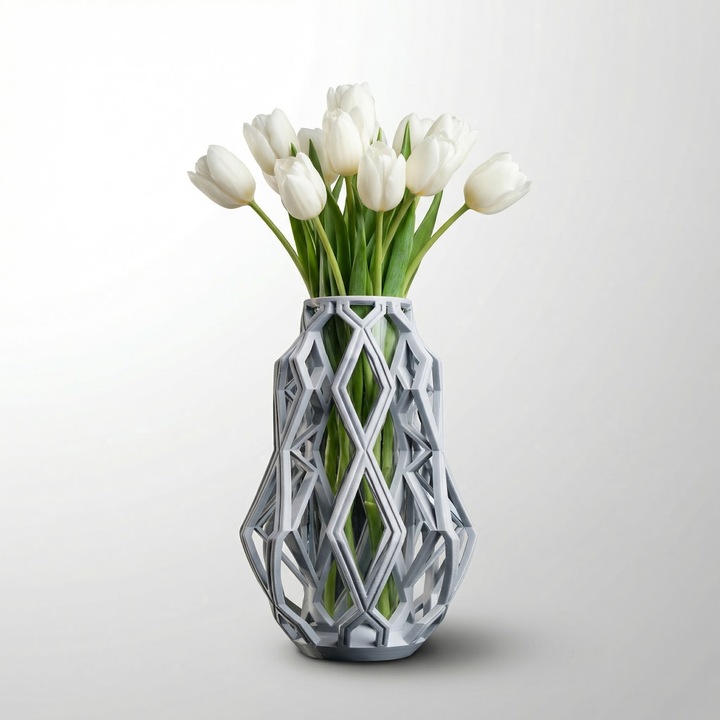 Vază decorativă geometrică, gri, 29 cm, plastic PLA